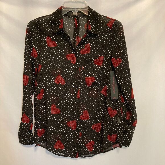 Sheer Black Red Heart Top Women's Small  Long Sleeve Romantic Mesh Blouse Y2K - Picture 1 of 8